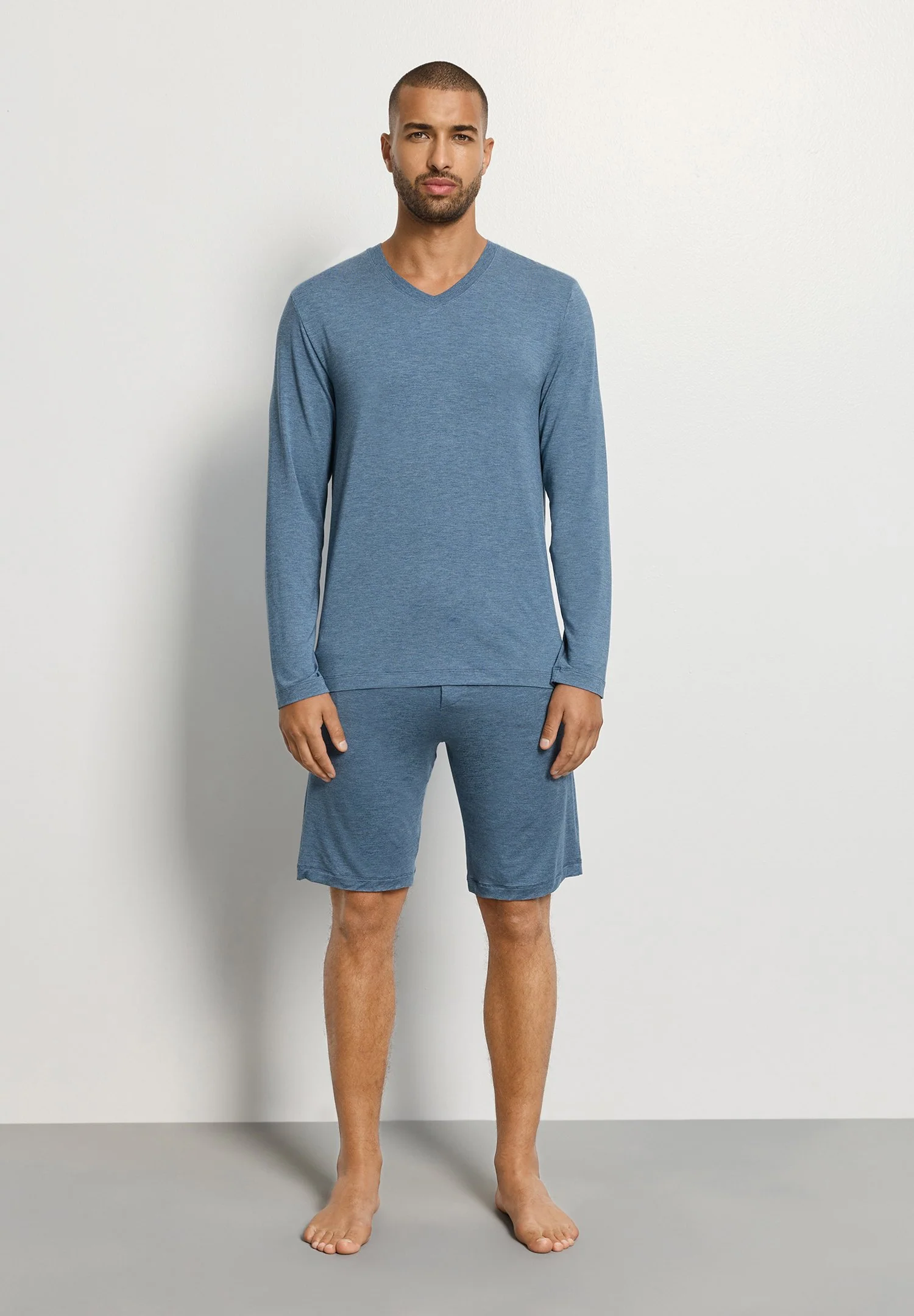 Casuals L/SLV Shirt V-Neck | retro blue melange 075036-073082 - Image 5