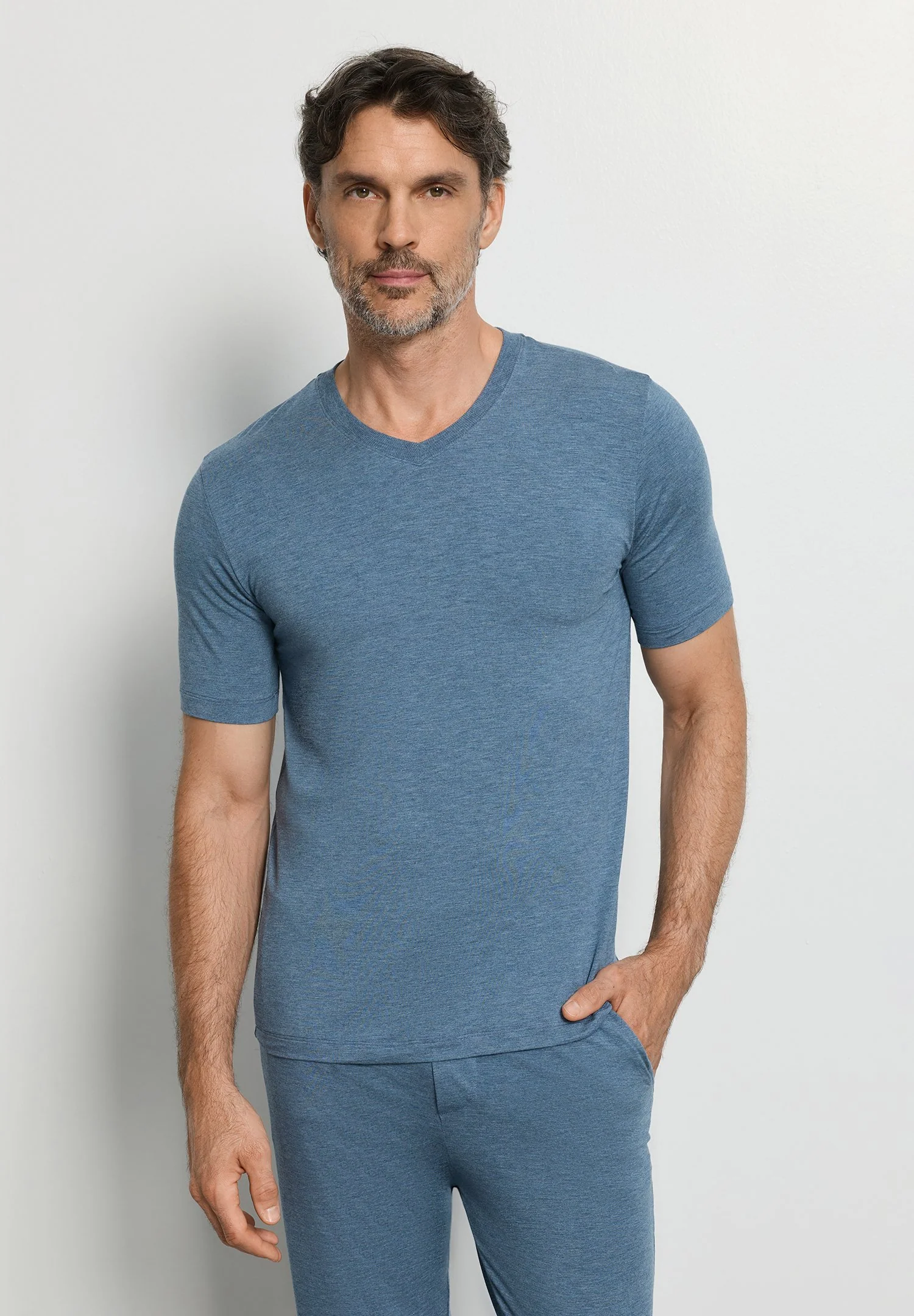 Casuals S/SLV Shirt V-Neck | retro blue melange 075035-073082 - Image 2
